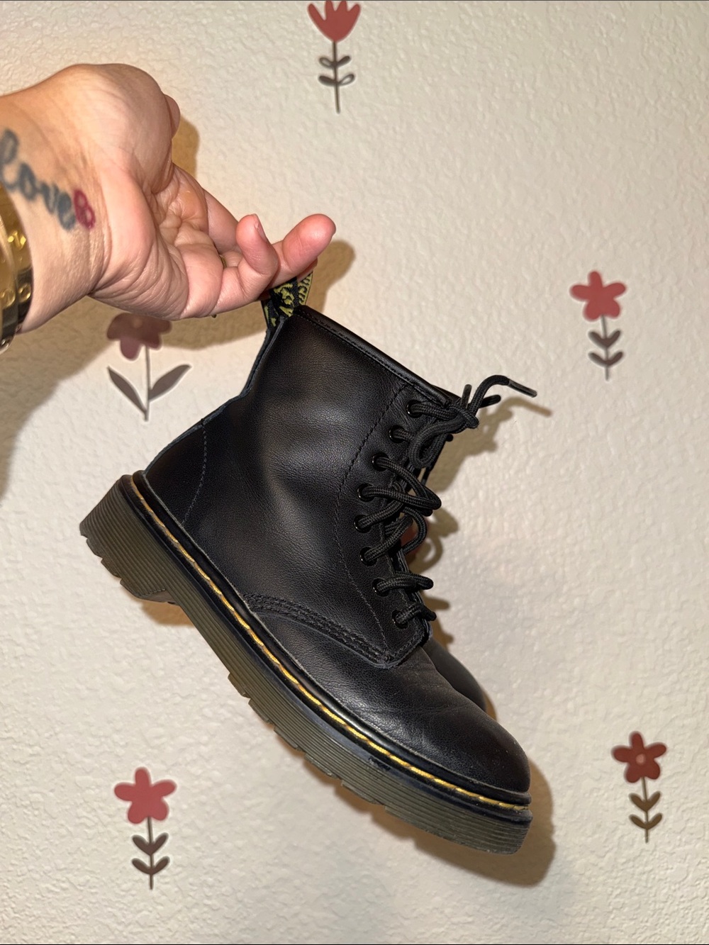 Dr. Martens Black Leather Lace-Up Boots with Yellow Stitching